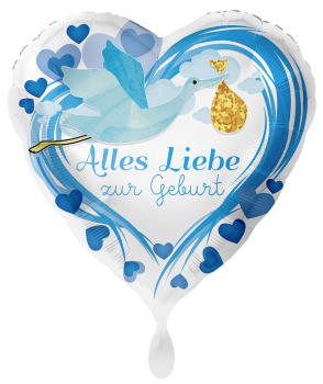 Folienballon - Alles Liebe zur Geburt, Storch blau - ø 43cm